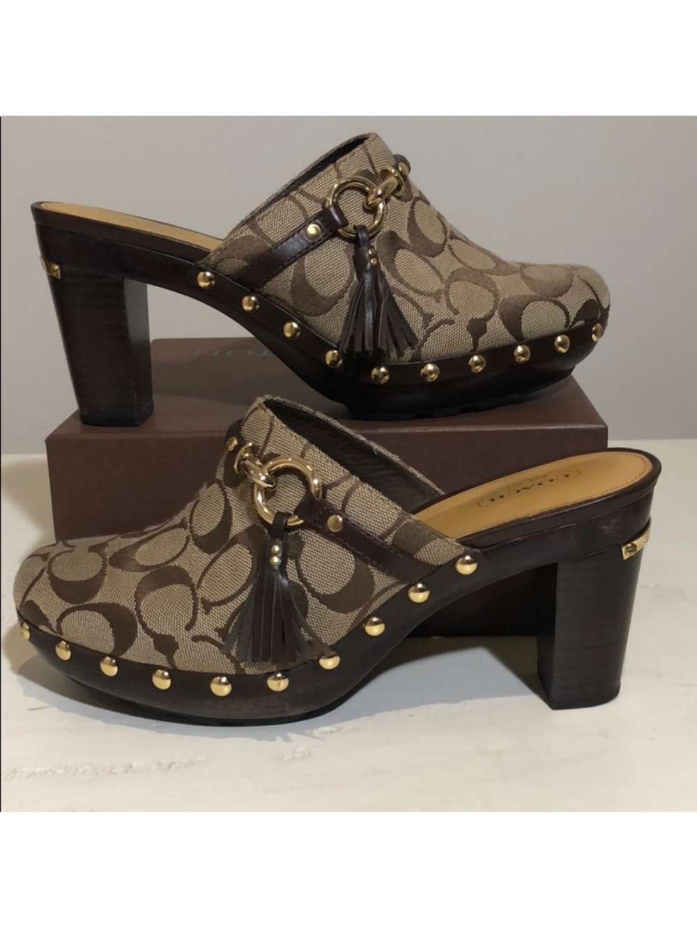 Coach Tan and Brown Signature Tassel Studded Clogs